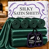 DECOLURE Satin Sheets Queen Size | Softer Than Silk | Luxury 6 Pc Bed Set | Gentle on Hair &amp; Skin | Silky, Shiny Weave | 15 In Deep Pocket w Corner Straps | Queen Sheet Set | Dark Green