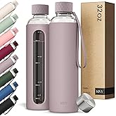 KIVY Glass Water Bottle with Silicone Sleeve 32 oz [WITH MEASUREMENT] - Borosilicate Glass Water Bottle Screw Top - Clear Bottles with Measurement Marking - Slim Waterbottle Aesthetic - Taupe
