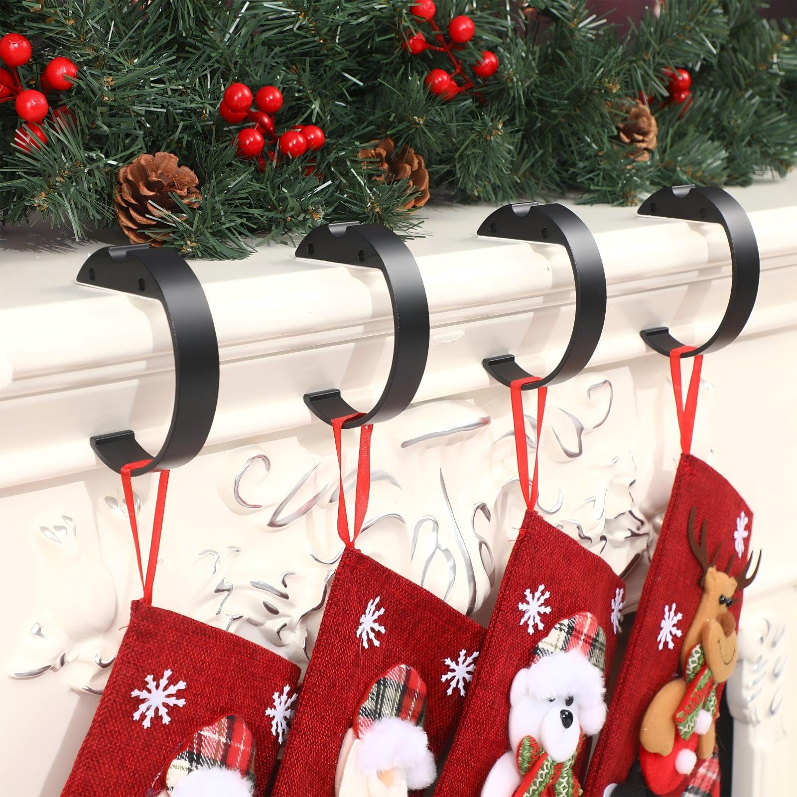 Photo 1 of Amyhill Christmas Stocking Holders for Mantle Set 4, Stocking Hooks Fun Semicircle Folding Hanging Non-Slip Hanger for Fireplace and Mantle Home Xmas Party Decoration(Black)
