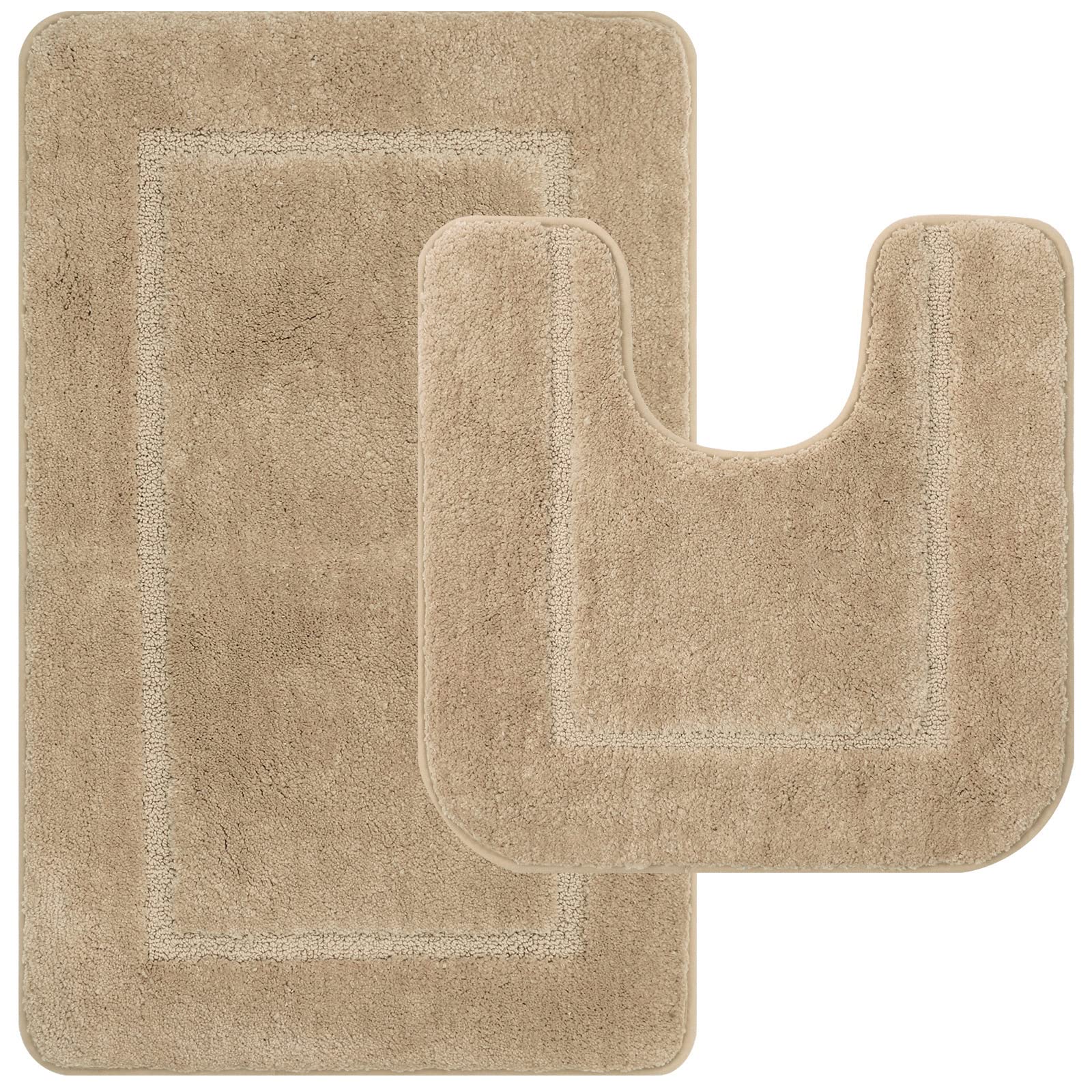 Pauwer Microfiber Soft Bath Mat Set 2 Piece Absorbent Bathroom Toilet Rug Non Slip Machine Washable Bath and Pedestal Mat Sets (Beige, 53 x 86 cm+50 x 50 cm)