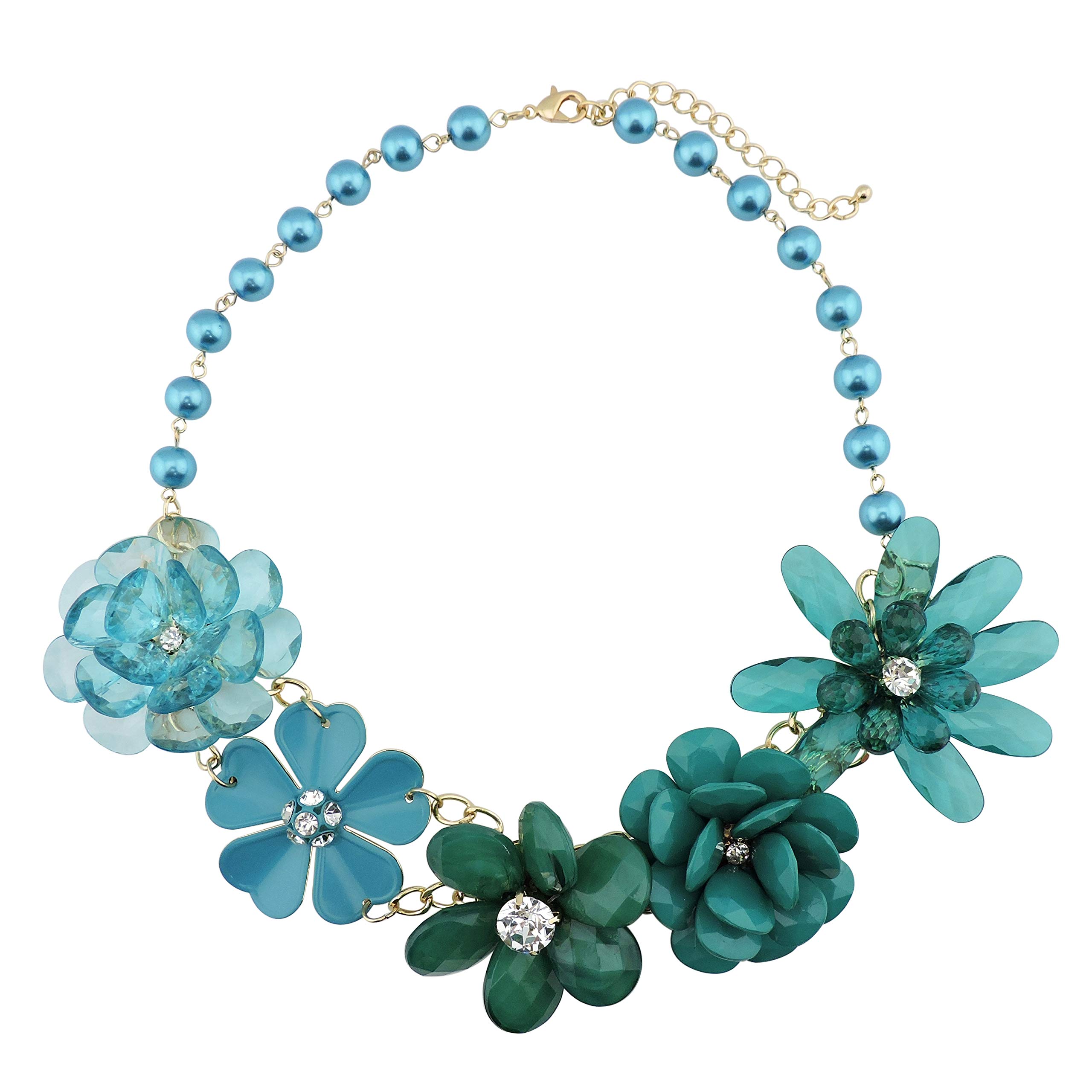 BOCAR 5 Flower Braided Crystal Statement Chunky Necklace Bib Collar Pearl Jewelry for Women (NK-10127-teal)