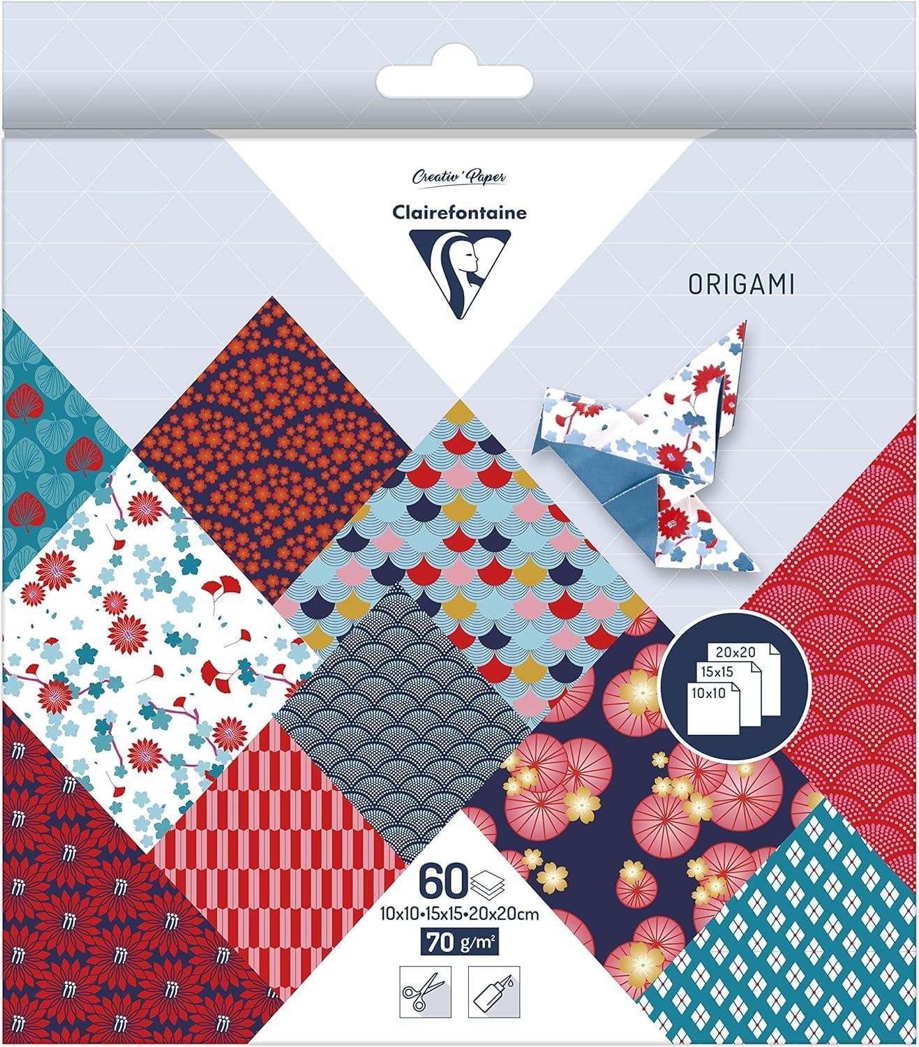 Clairefontaine 95347C 60 Sheets Origami Paper 70g/m² 3 Sizes 10x10cm 15x15cm 20x20cm 10 Ast Coloured Motifs 2 per Size Creative for Adults Children, Hanayo