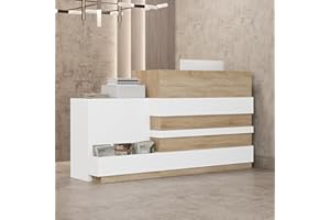 ROMSHINE White Reception Desk with Counter, 87.2 inch Wide Front Desk with Drawer & Keyboard Tray, Checkout Counter Table, Salon Reception with Wood Grain Decor