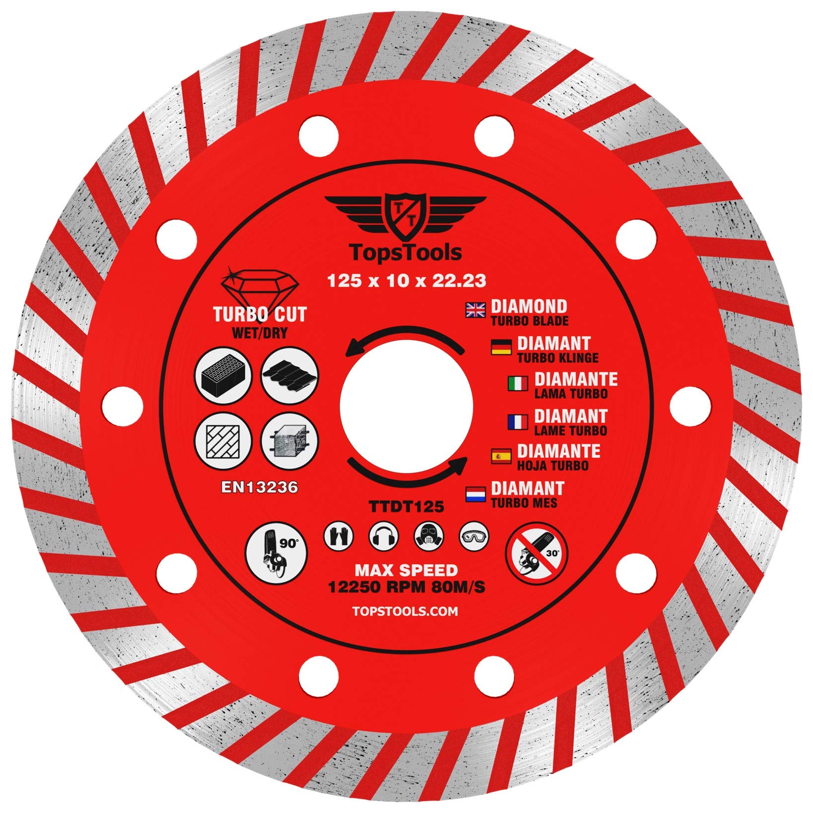 1 x TopsTools TTDT125 125mm (5 inch) x 10mm x 22.23mm Bore Turbo Diamond Angle Grinder Circular Saw Blade