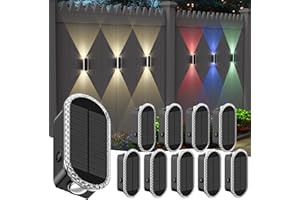 Herzila 10 Pack Solar Fence Lights-RGBW Solar Powered Fence Wall Lights Waterproof 8-Color Changing Top and Bottom Lighting Wall Lights for Outdoor/Patio/Porch/Pool Cage