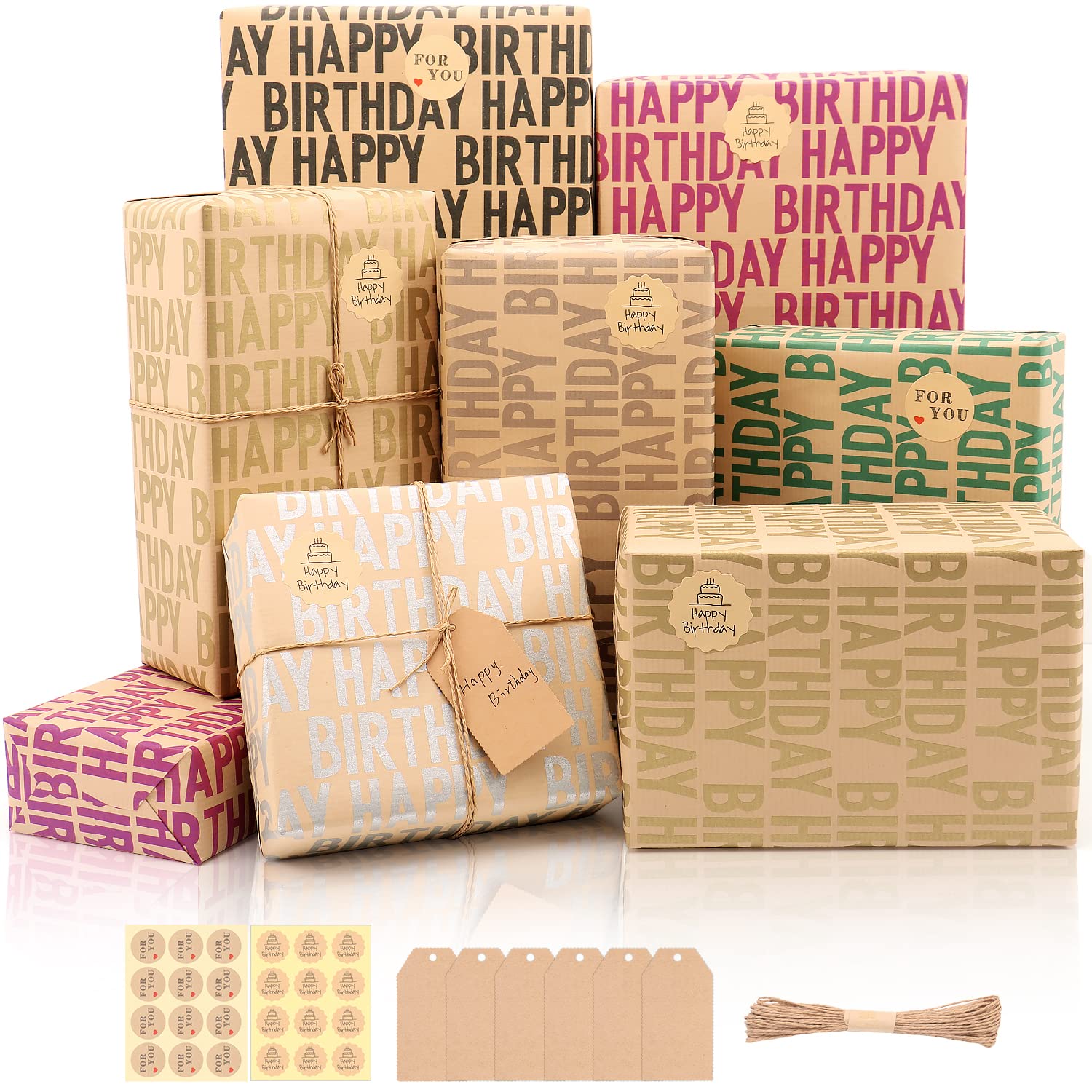 Birthday Wrapping Paper, 6 Sheets Recycled Kraft Happy Birthday Wrapping Paper for Boys Girls, Brown Gift Wrap Paper Sheets with Stickers Tags and Rope for Baby Shower Holiday Party, 70x50CM
