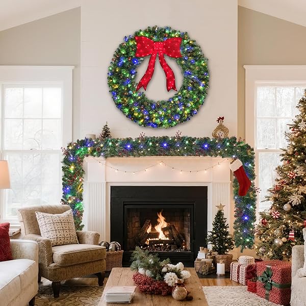 HOYECHI SET OF 2 PRELIT CHRISTMAS GARLANDS – 9FT EACH WITH 50 LED LIGHTS & RED BERRIES, BATTERY POWERED WITH 8 LIGHTING MODES, HOLIDAY GARLAND FOR STAIRS, FIREPLACE, DOOR FRAME