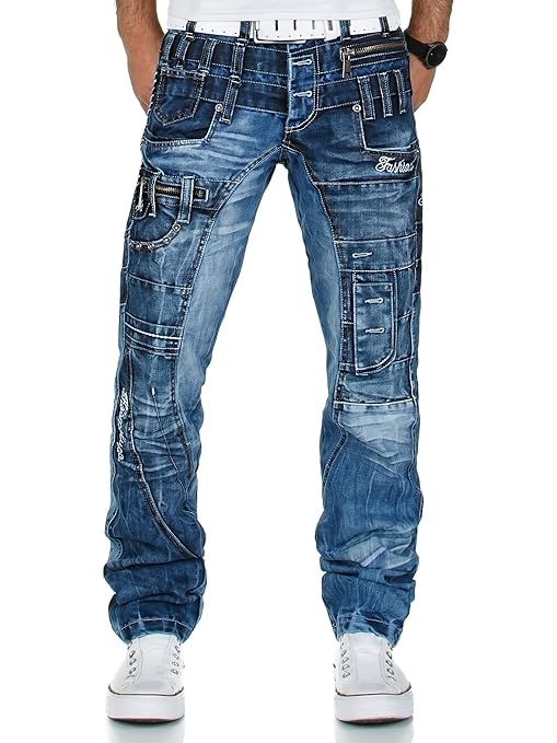 Kosmo Lupo K&M 020 Designer Herren Jeans Hose Clubwear Style Blau Verwaschen Multi Pocket W29-W38 / L32-L34