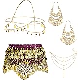 ORAZIO 4 Sets Women's Belly Dance Accessories, Hip Scarf Wrap Belt, Small Coins Hair Chain Tassel Anklet Bracelet