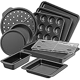 HONGBAKE Bakeware Sets, Baking Pans Set, Nonstick Oven Pan for Kitchen with Wider Grips, 10 Pieces Including Rack, Cookie Sheet, Cake Pans, Loaf Pan, Muffin Pan, Pizza Pan - Grey