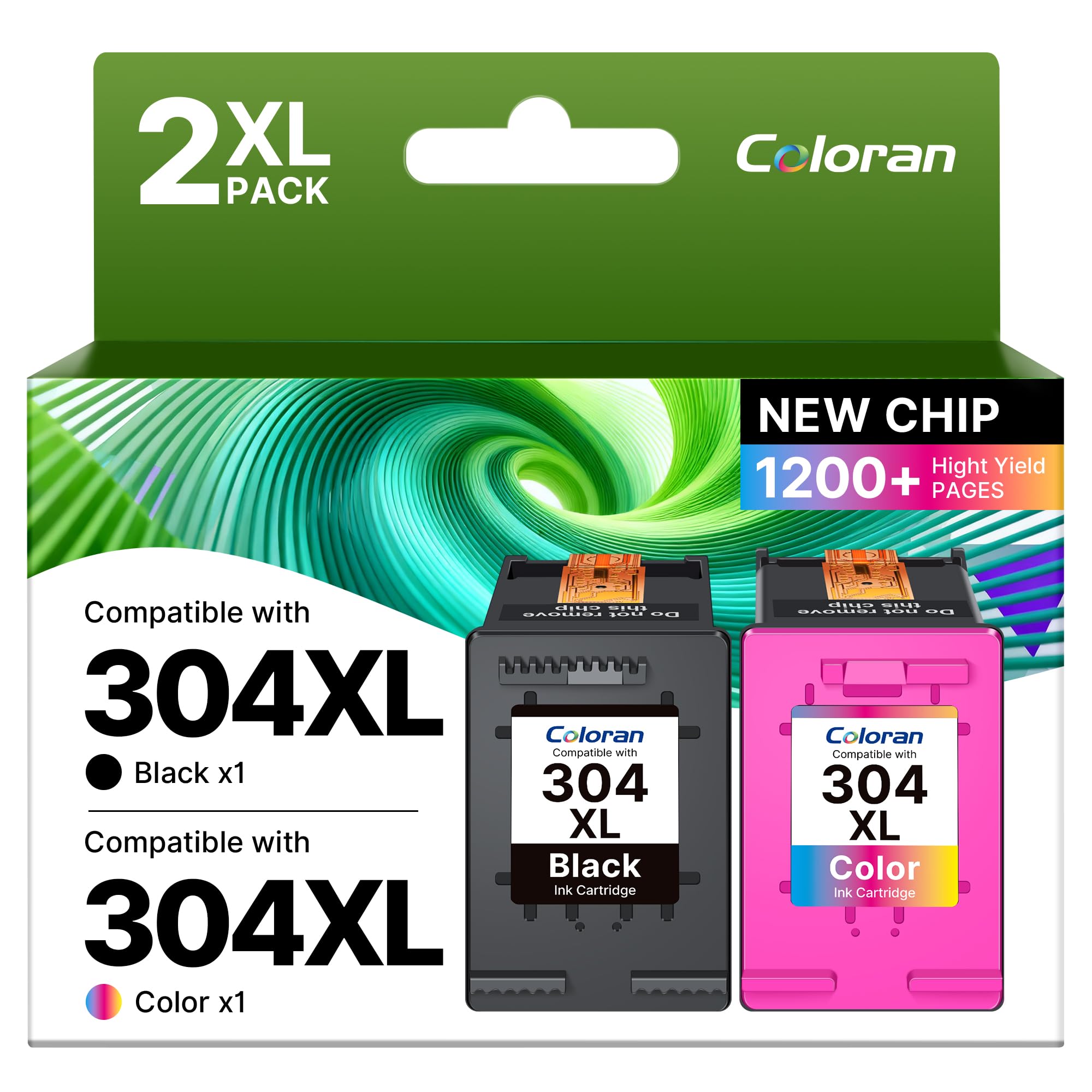 Coloran 304XL Ink Cartridges Black and Colour Combo Pack Replacement for HP 304 Cartridges Black and Colour for HP Envy 5010 5020 5032 5030 5000 DeskJet 3760 3762 2600 2620 2630 2633 3720 3750(2-Pack)