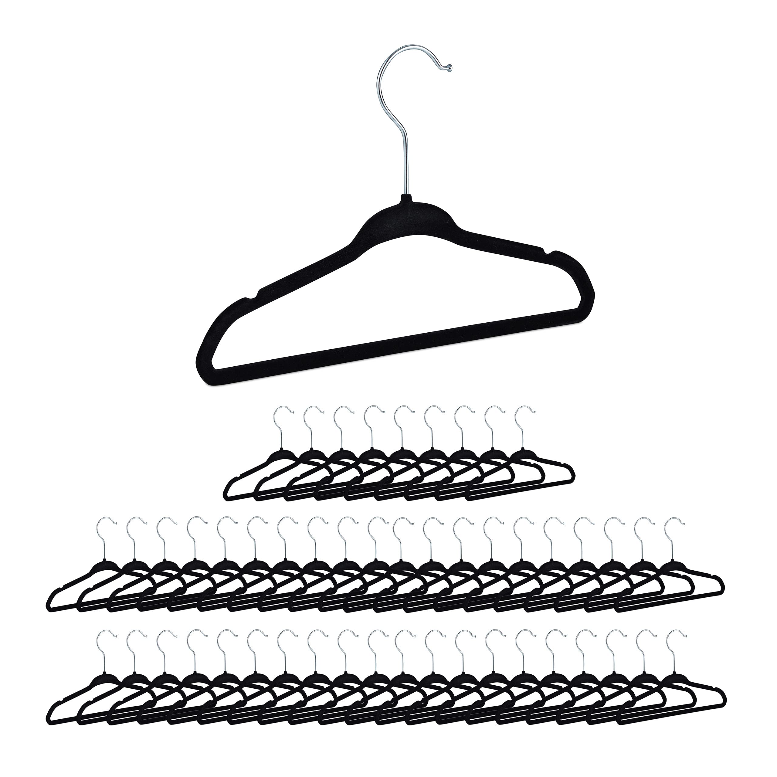 Relaxdays Velvet Coat Hangers, Set of 50, Non-Slip Clothes Hangers, Boys & Girls, Wardrobe Organiser, Black
