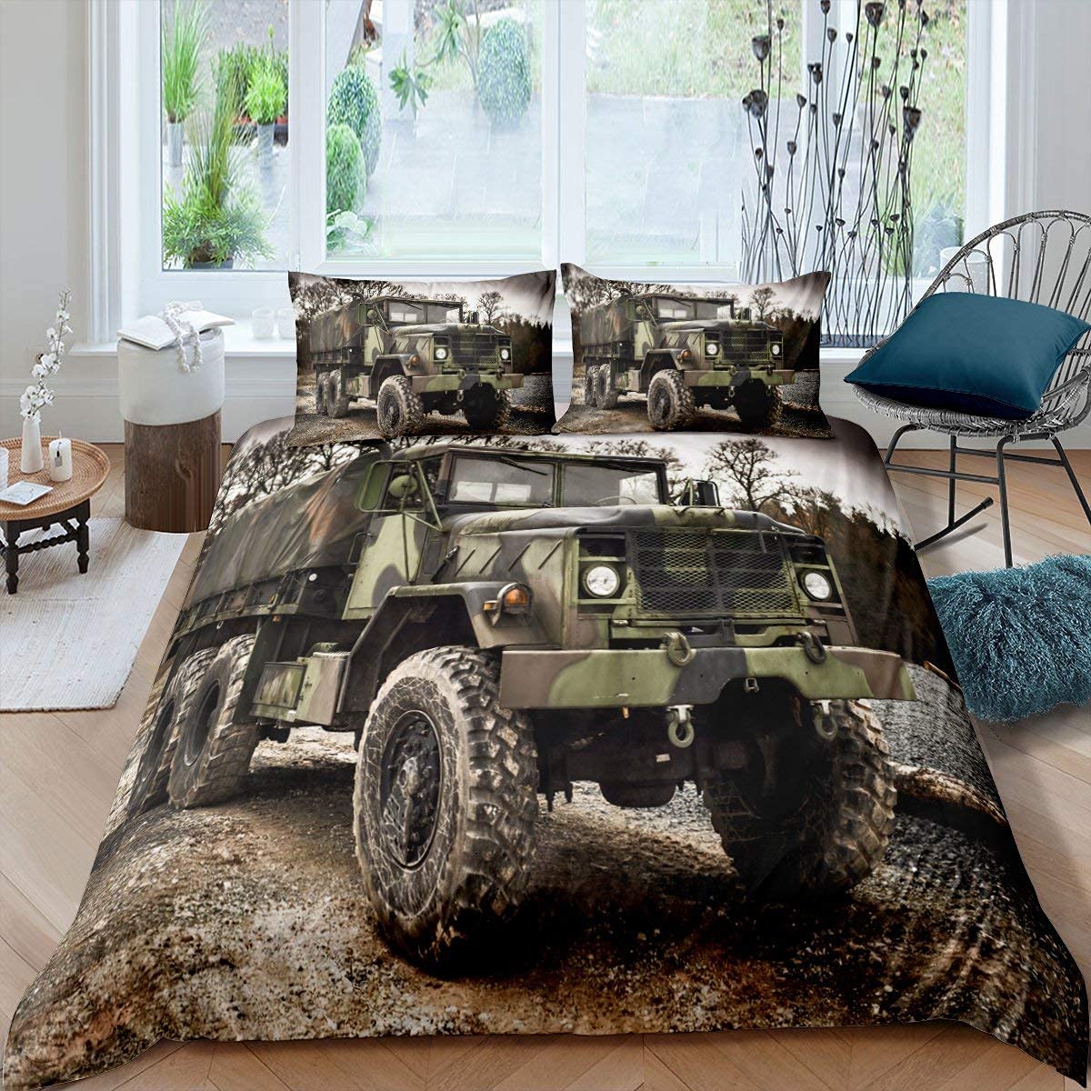 Military Truck Duvet Cover Camouflage Car Bedding Set For Kids Teen Boys Young Man Army Troop Transport Truck Comforter Cover 3D Print Vehicle Bedclothes Green Bed Decor With 2 Pillow Cases Double — image 1