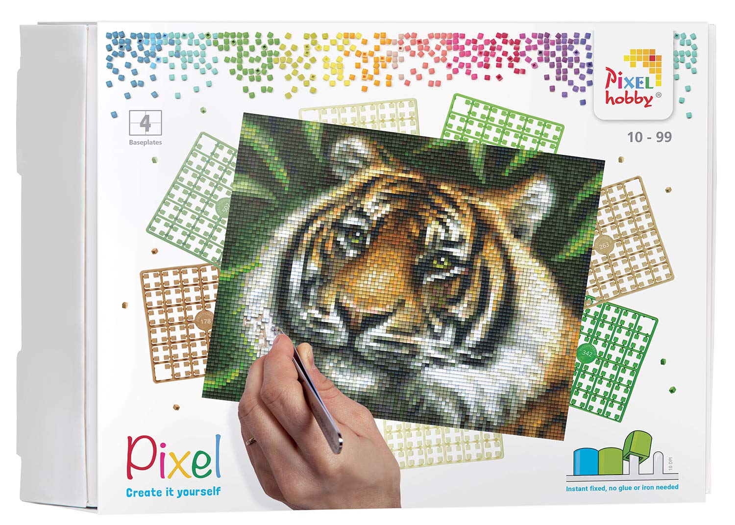 Pixel Pracht Creatives Hobby P090028 Mosaic Gift Box Tiger Image Approx. 25.4 x 20.3 cm, Easy Plug-In System, No Ironing or Gluing, Organic Plastic Stones Ideal for Children