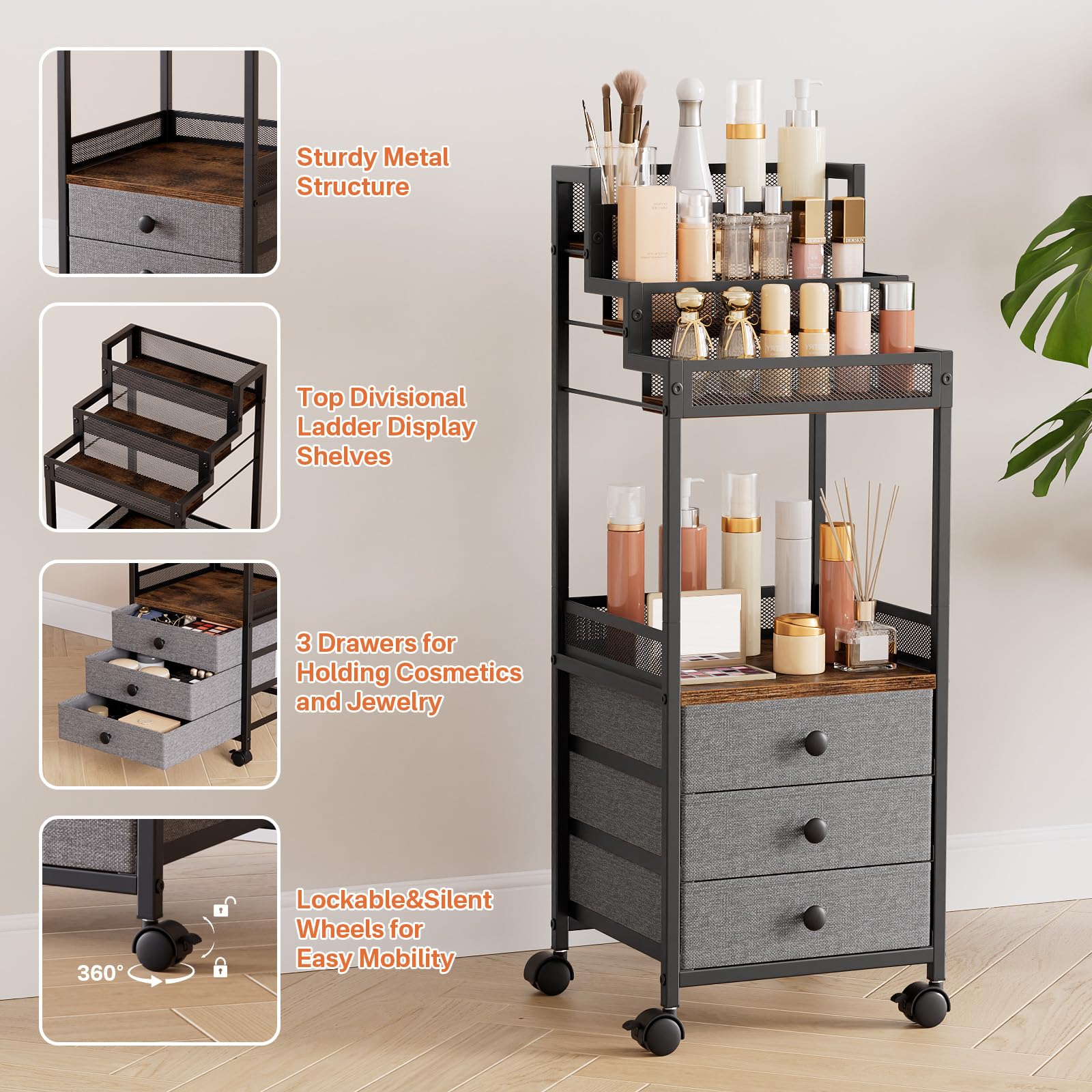 FURFUN Display Riser Stand Perfume Cologne Organizer, Rolling Makeup Storage Cart with Fabric Drawers, Floor Vanity Cosmetics Display Cases for Skin Care Nail Polish Figures Rustic Brown Ladder Stand