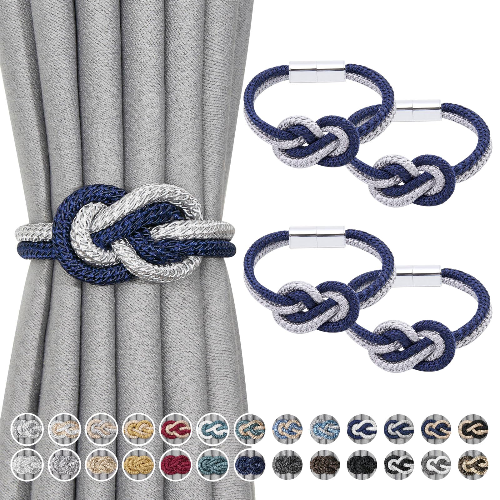 Pretty Jolly 4 Pack Mini Magnetic Curtain Tiebacks Nordic Simple Style Drape Tie Backs Elegant Hand Weave Rope Knot Decorative Curtain Holdbacks for Home & Office Window Drapery (Dark Blue & Grey)