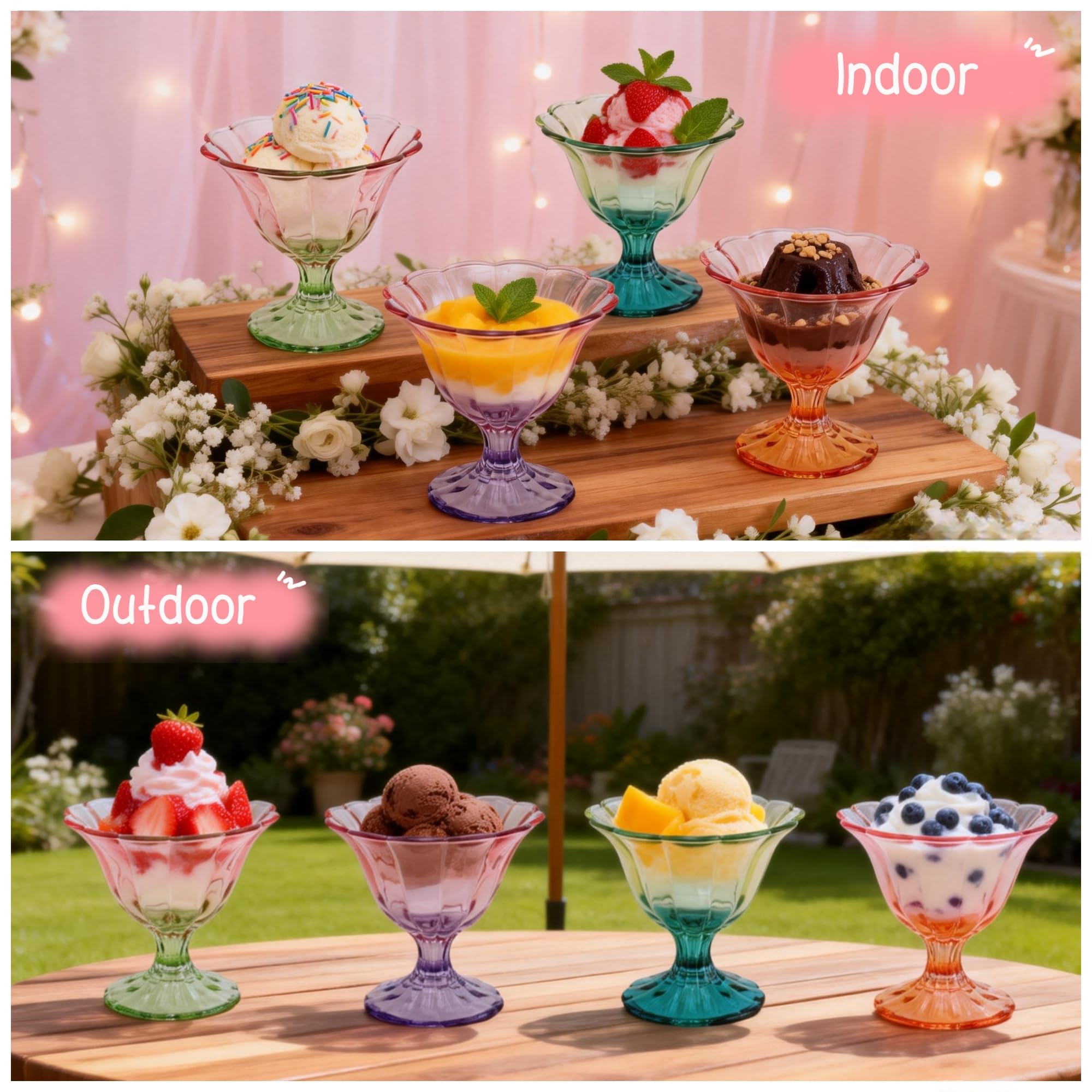 Glass Dessert Bowls 10 Oz Set of 4 Ice Cream Cups Footed Bowl Assorted Colors Clear Drinking Cup for Sundae, Dessert, Candy, Fruit, Ice Cream, Snack Pudding