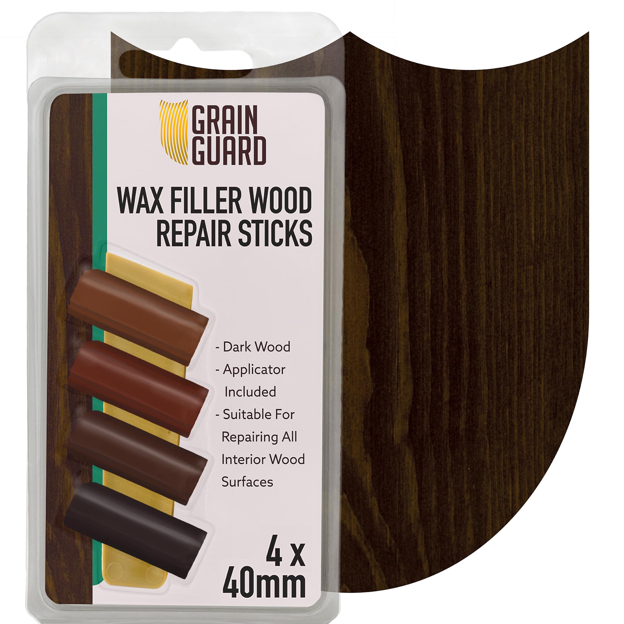 GRAIN GUARD Wax Filler Wood Repair Sticks | Dark Wood | Furniture Repair Kit | Multi-Surface: Wood, Plastic, Hard Surfaces | Blend to Colour Match | 4x40mm