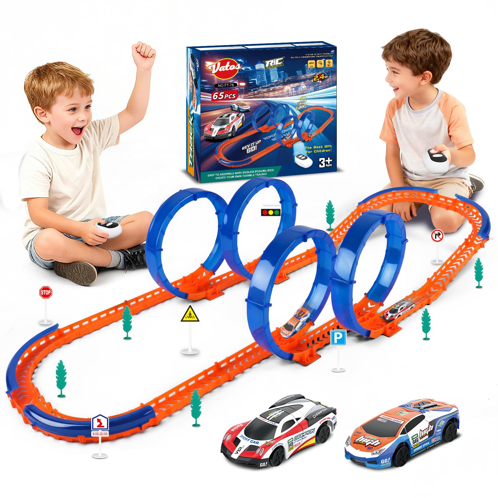 DIY Dual RC Slot Cars Track, VATOS Race Car Track Set for Kids 3-7, 360° Loop High Speed Competitive Tracks Toy with 2pcs Race cars, Christmas Birthday Gift for Boys Girls 3 4 5 6 7 8 9 Years Old