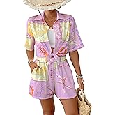 Bsubseach 2 Piece Short Sets for Women Tropical Printed Short Sleeve Button Down Shirt and Shorts Summer Beach Vacation Set