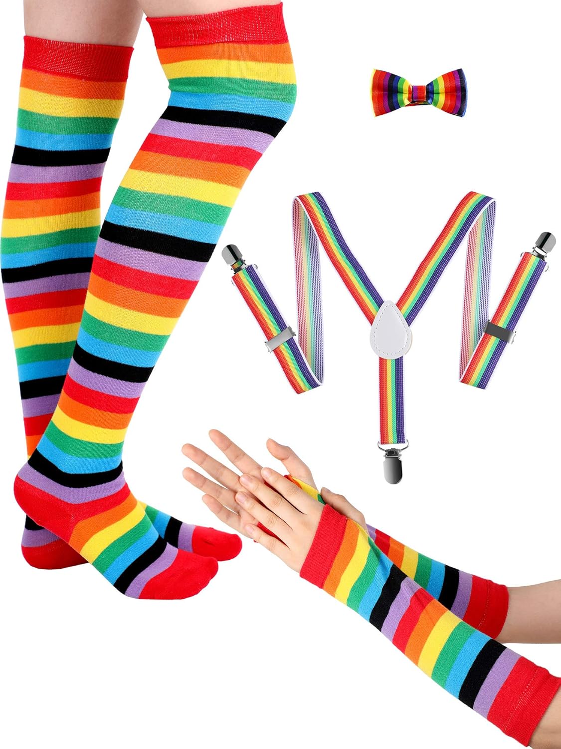 Kids Rainbow Costume Set, Rainbow Long Fingerless Gloves Knee Socks Bow Tie and Suspender for Cosplay Party Costume Supplies