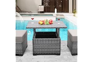 LVIDEN Patio Rattan Coffee Table with Hidden Storage, Wicker Liftable Dinning Table, Versatile Piece of Outdoor Furniture, Grey