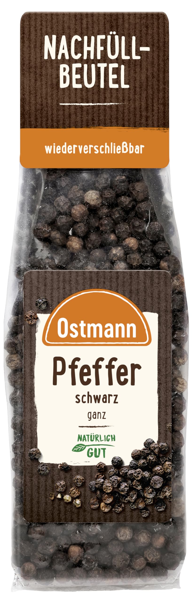 Ostmann Gewürze - Pfefferkörner schwarz | Ungemahlener Pfeffer | Zum Nachfüllen der Streudose | Wiederverschließbare Verpackung | 50 g im Beutel