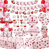 Berry First Birthday Tableware,Strawberry 1st Birthday Party Decorations for Girls,Strawberry Sweet One Themed Plates and Napkins Disposable Tablecloth,Cups,Balloon,Forks,Cupcake Topper,Serve 24