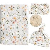 LifeTree Newborn Swaddle Set with Matching Hat and Bow Set, Wooden Birth Announcement Card, Floral Baby Girl Newborn Receiving Blankets Baby Swaddle Nursery Wildflower
