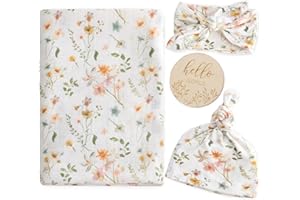LifeTree Newborn Swaddle Set with Matching Hat and Bow, Wooden Birth Announcement Card, Baby Girl Newborn Receiving Blanket B