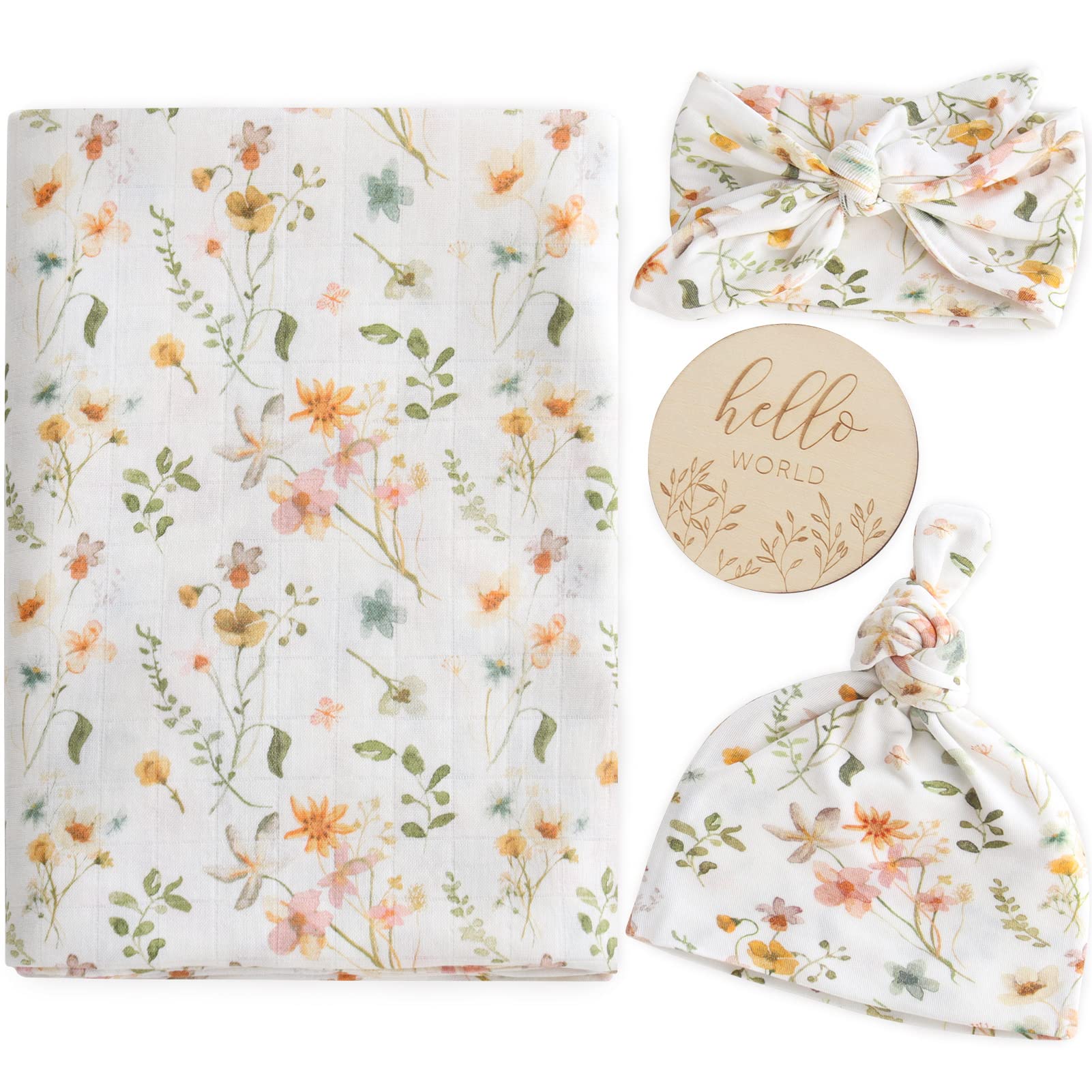 Photo 1 of LifeTree Newborn Swaddle Set with Matching Hat and Bow Set, Wooden Birth Announcement Card, Floral Baby Girl Newborn Receiving Blankets Baby Swaddle Nursery Wildflower