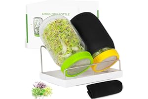 KITMIIDO Seed Sprouting Kit, 2 Large Wide Mouth Mason Jars with Sprout Lids, Blackout Sleeves, Drain Tray, Stainless Steel Stand, Sprouts Growing Kit for Bean, Broccoli, Alfalfa (Yellow+Green)