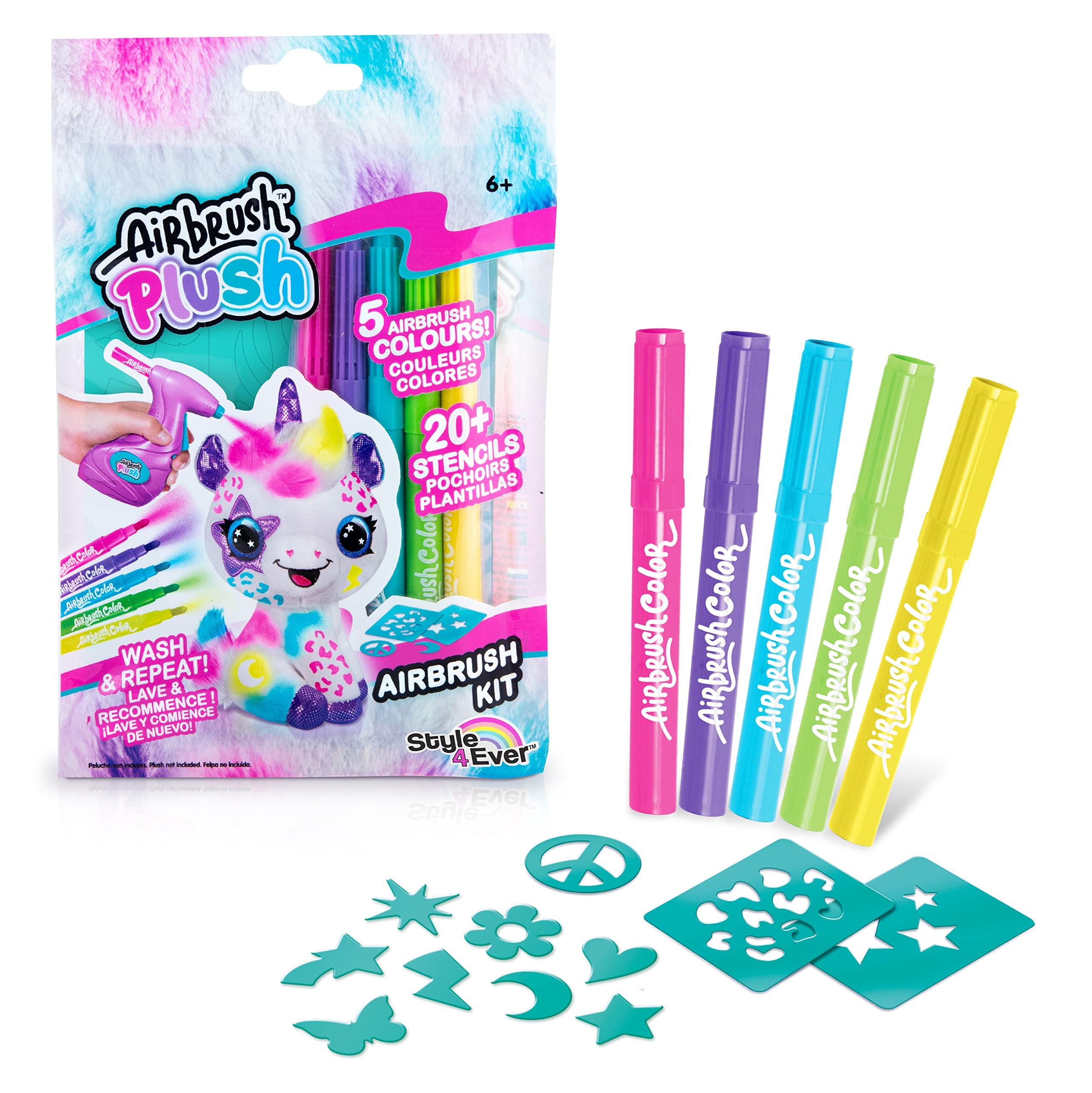 Airbrush Plush Refill Kit, 5 Colours included + New Stencil Styles, Endless fun to Create, Wash and Repeat