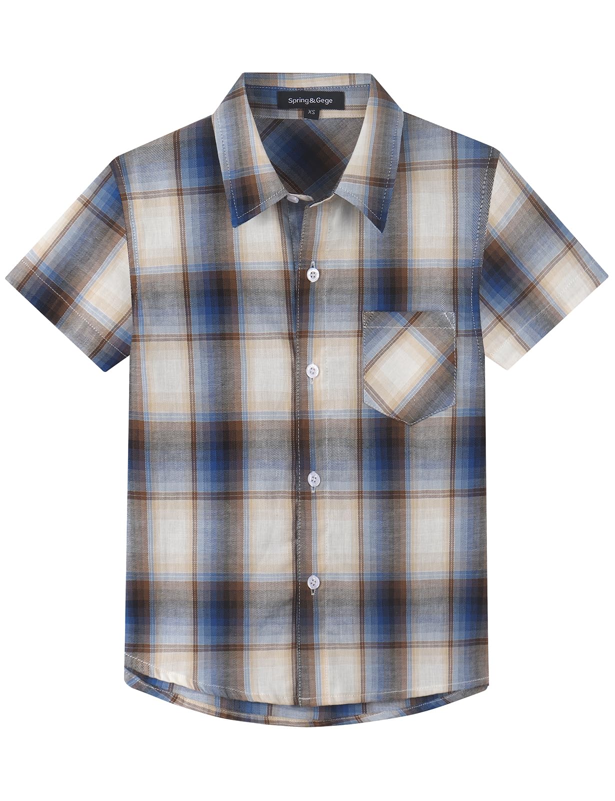 Photo 1 of Spring&Gege Boys' Casual Short Sleeve Plaid Button Down Cotton Dress Shirts, Beige Brown Blue Check Gingham, 13-14 Years teen size 