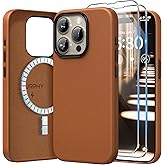 SURPHY Designed for iPhone 15 Pro Leather Case with Screen Protector Compatible with MagSafe, Faux Leather Case (Metallic Buttons & Microfiber Lining) for 15 Pro 6.1 inch 2023, Brown
