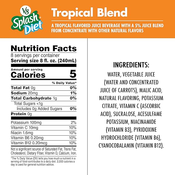 V8 SPLASH DIET TROPICAL BLEND FLAVORED JUICE BEVERAGE, 64 FL OZ BOTTLE