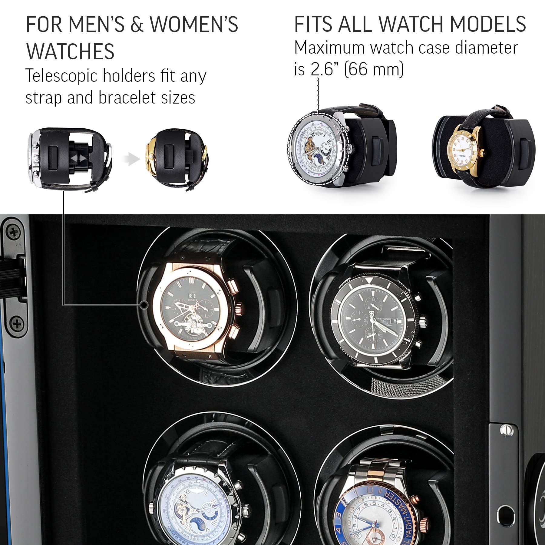 Watch Winder for 4 Watches with Fingerprint Lock, Interior Backlight and Remote Control