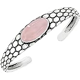 Natural Rose Quartz Cuff Bangle Bracelet for Men Women – Handmade 925 Silver Plated Adjustable Boho Jewelry – Pink Gemstone January Birthstone Statement Bangle – Gift for Him Her