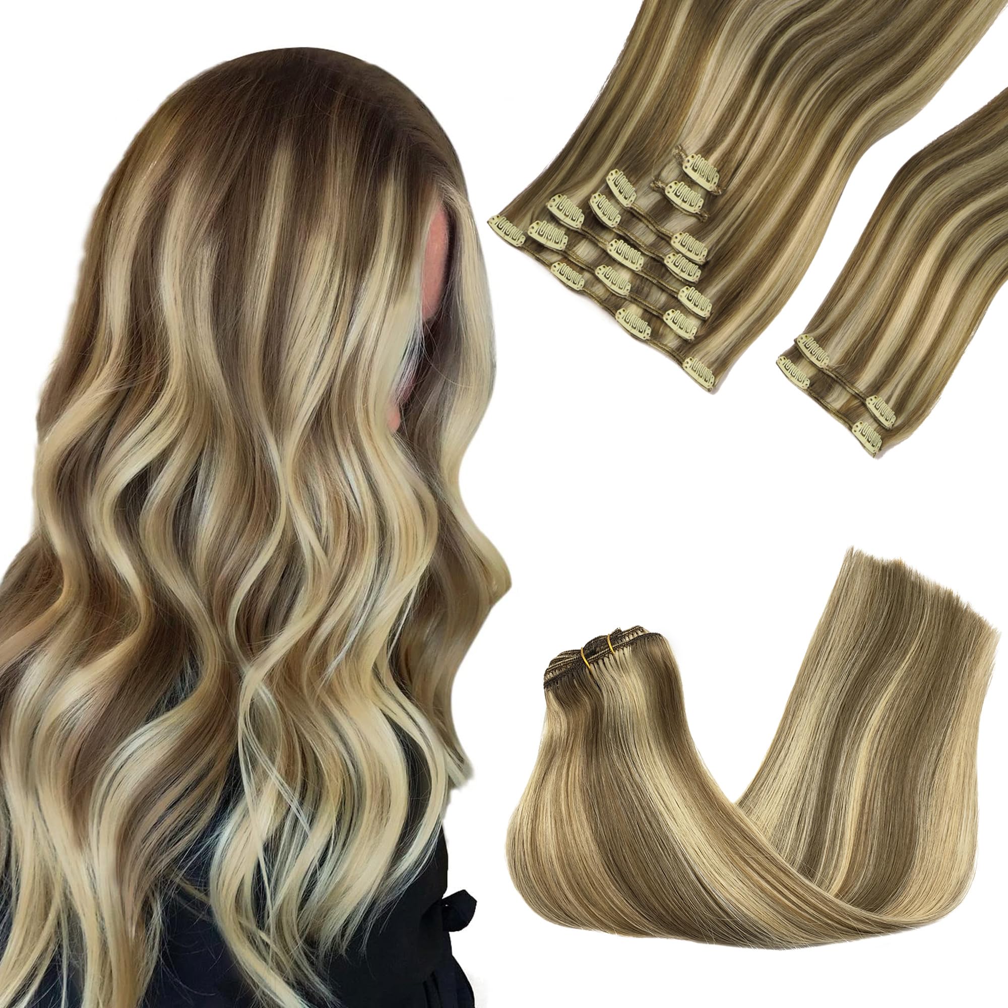 Photo 1 of GOO GOO Clip in Hair Extensions Real Human Hair, Remy Human Hair Extensions Clip ins for Women, Natural Human Hair, 18inch 150g 9Pcs, 8A/22 Medium Brown Highlighted Golden Blonde