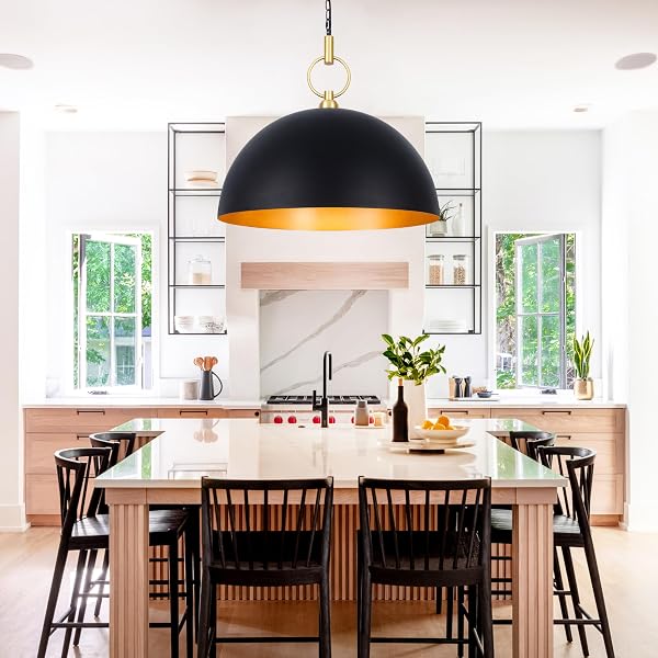 CORLACELING 23.6″ FARMHOUSE PENDANT LIGHTS FOR KITCHEN ISLAND, BLACK AND GOLD LARGE DOME PENDANT LIGHT FIXTURE INDUSTRIAL HANGING LAMP FOR DINING ROOM LIVING ROOM HALLWAY BAR BEDROOM