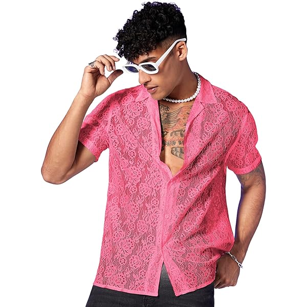 Amazon.com: WDIRARA Men's Floral Lace See Through Button Front