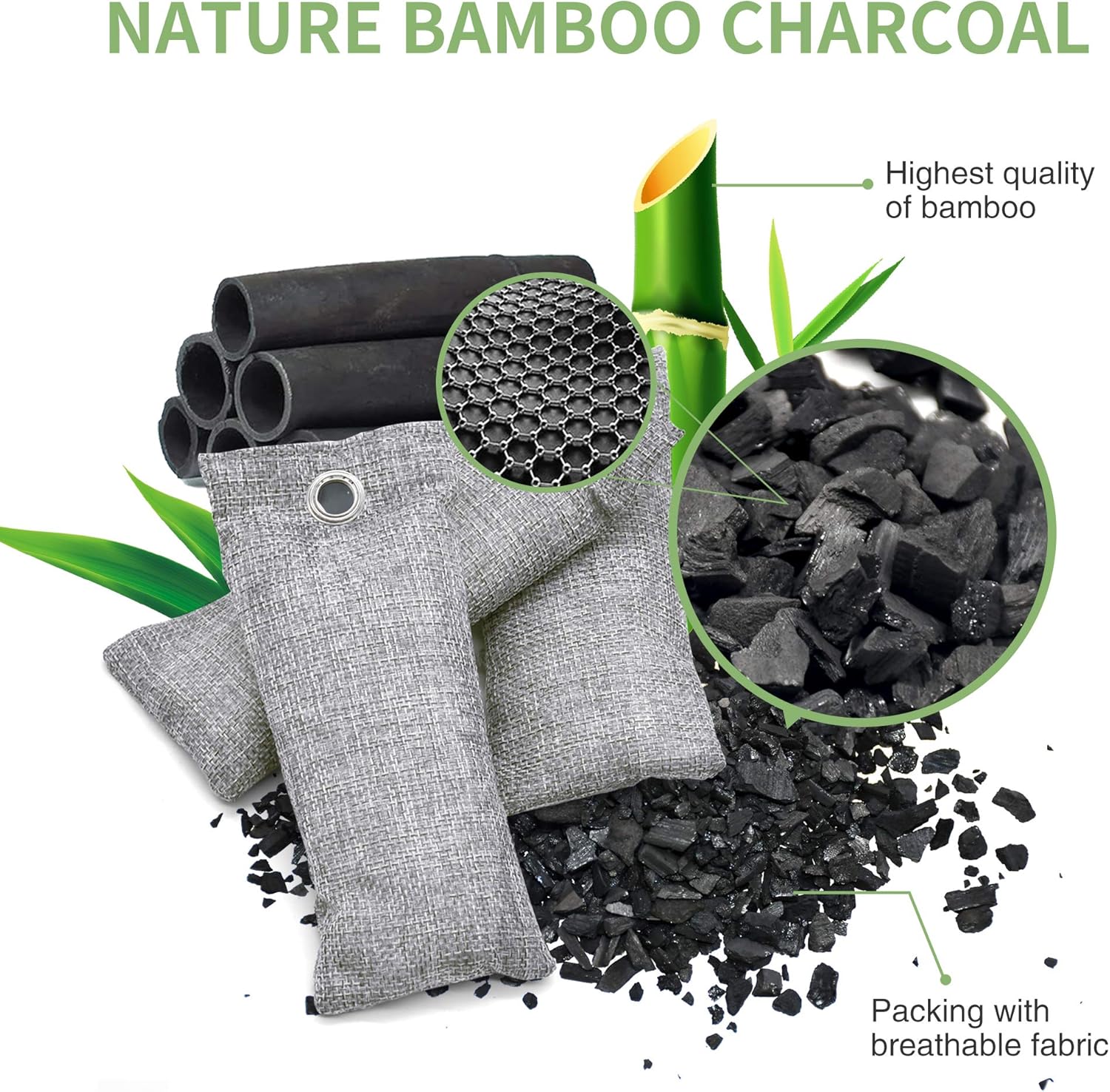 12 Pack Bamboo Charcoal Air Purifying Bag, Activated Charcoal Bags Odor Absorber, Moisture Absorber, Natural Car Air Freshener, Shoe Deodorizer, Odor Eliminators For Home, Pet, Closet (8x50g, 4x200g): Kitchen & Dining
