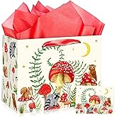 Mushroom Gift Bag for Mushroom Party Decoration Mushroom Birthday Gift Bag with Tissue Papers and Card Mushroom Themed Wrapping Bags Squirrel Owl for Boys Girls Xmas Jungle Party Christmas Baby Shower