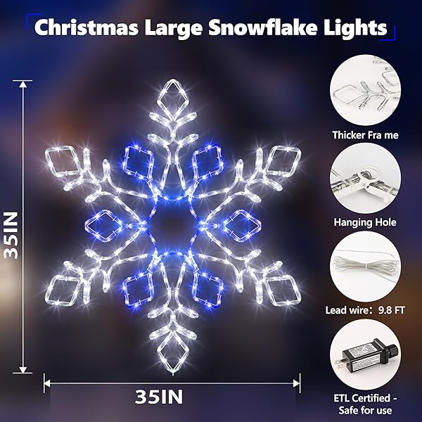 CHRISTMAS 35” SNOWFLAKE LIGHTS DECORATION – OUTDOOR WATERPROOF CHRISTMAS LIGHTS SUPER-BRIGHT WHITE AND BLUE WITH ULTIMATE TIMER FOR OUTDOOR HOME PARTY WALL HANGING LIGHT