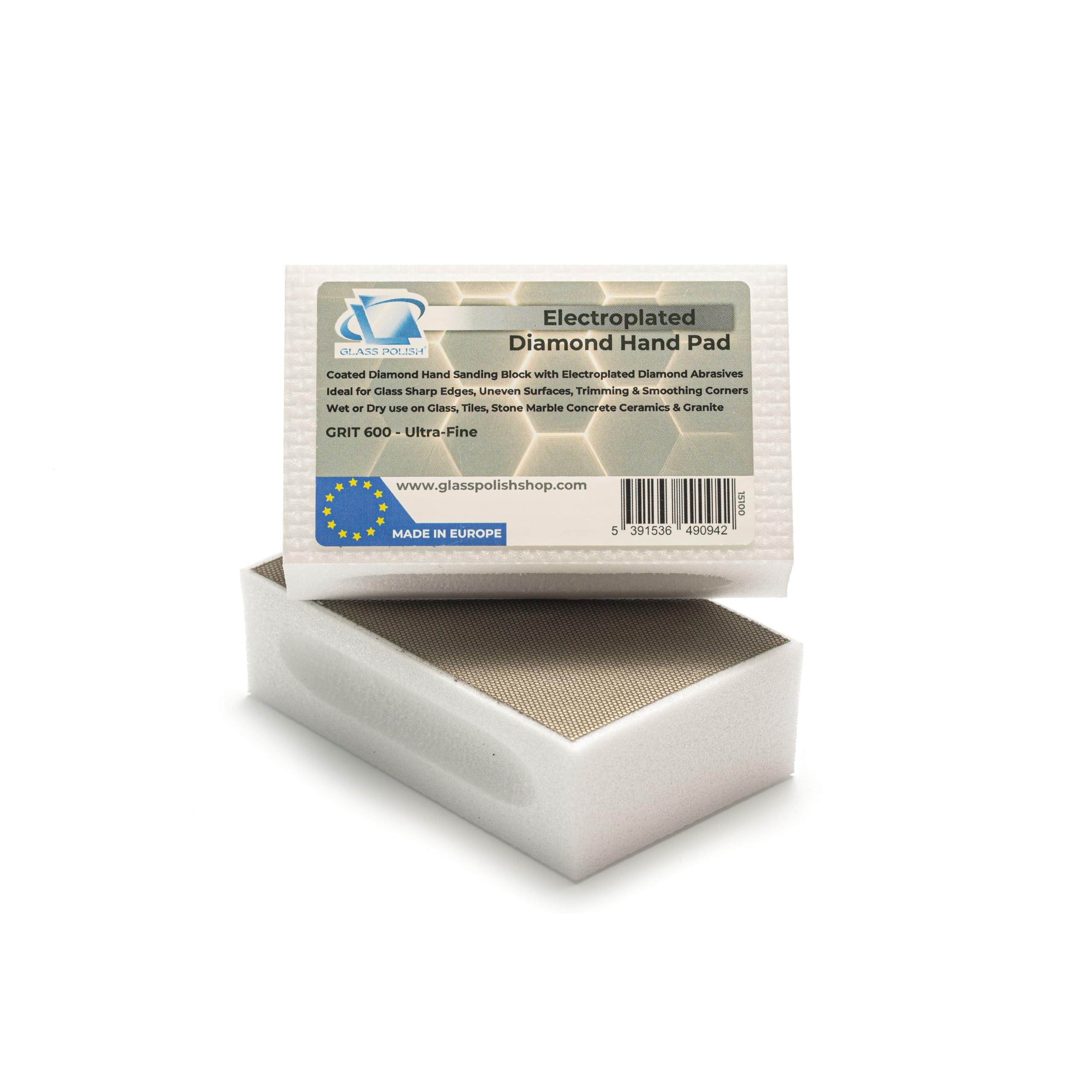 Glass Polish (Grit 600) Pack of 2 PRO Diamond Hand Pad Sanding Block for Smoothing, Edging and Polishing - 3.74” x 2.16” (95x 55mm) - GP15100