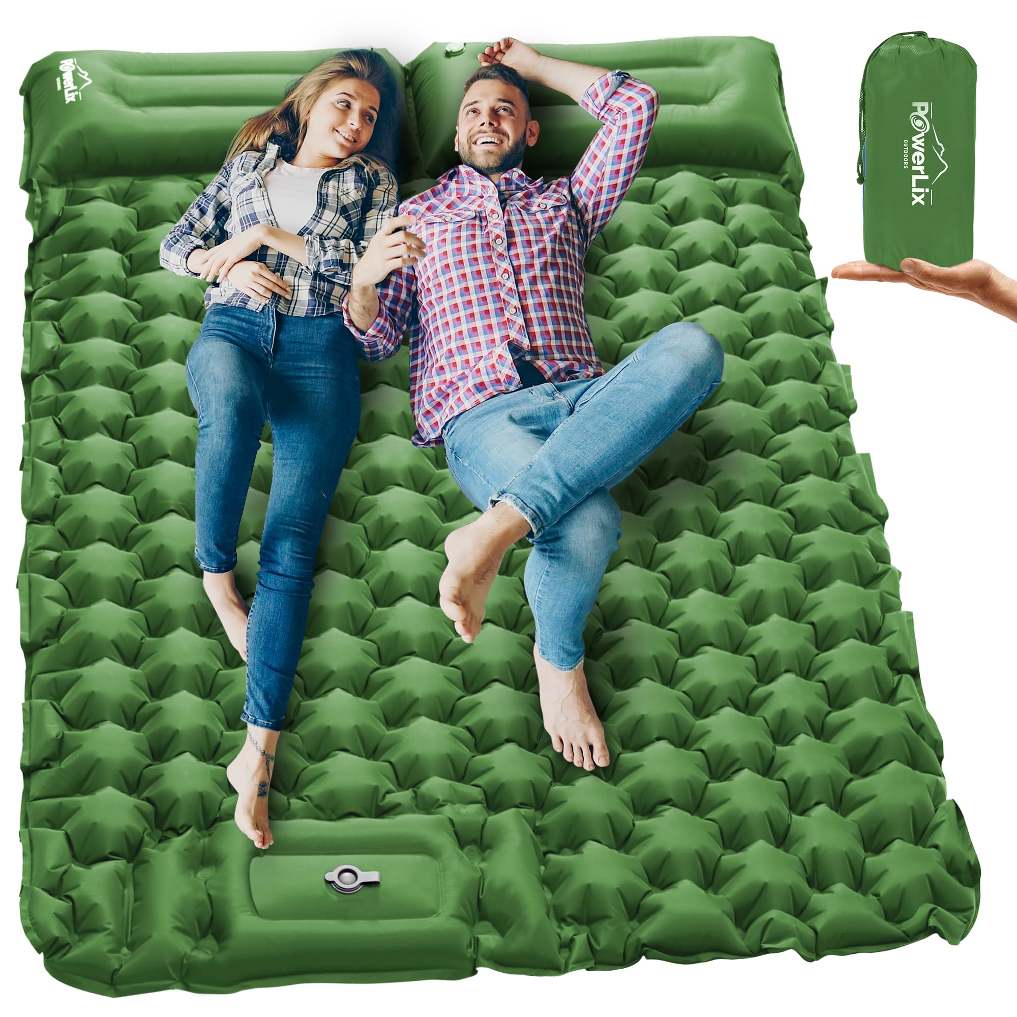 Photo 1 of POWERLIX Double Camping Sleeping Pad Camping Pad for 2 Person with Pillow Built-in Foot Pump Inflatable Sleeping Pad for Camping, Backpacking, Hiking, Portable Camping Mattress Green