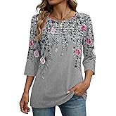 Zeagoo Womens Tops 3/4 Length Sleeve Blouses Dressy Casual Shirt Pleated Front Tunic Floral Printed Spring Clothes