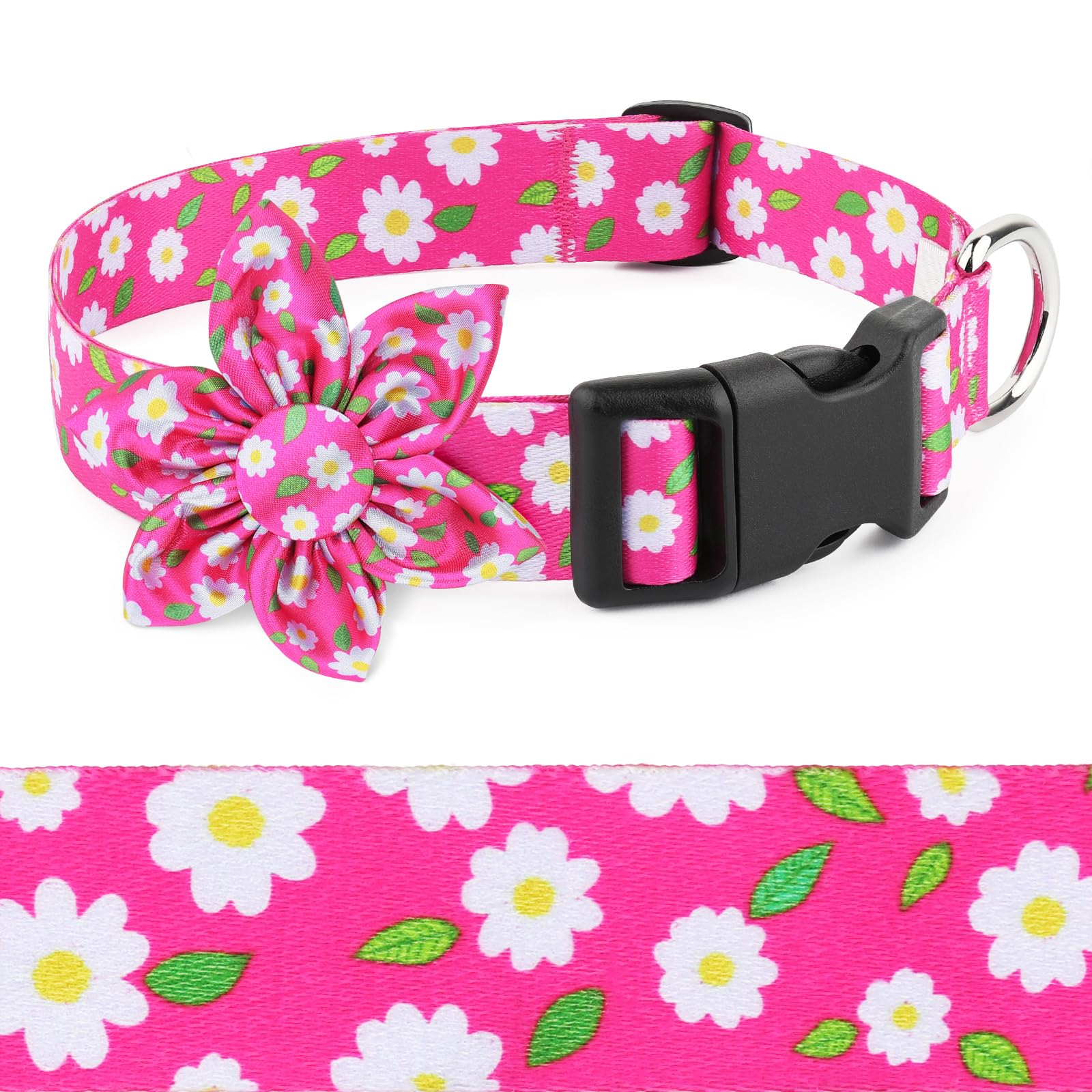 Daisy Pink Dog Collar Cute Dog Collars with Flower Bow for Small Medium Large Dogs Hot Pink Floral Colored Options Soft and Fancy Pet Collars for Girls Flower Pattern for Girl Dog Collar — image 1