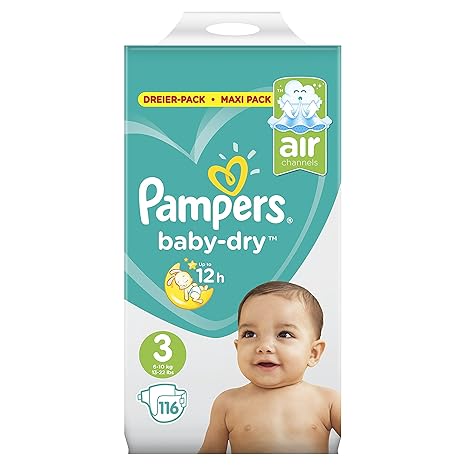 Pampers Baby-Dry Windeln Größe 3 (6–10 kg), Luftkanäle für atmungsaktive Trockenheit die ganze Nacht, Maxi Pack, 1er Pack (1 