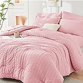 HYMOKEGE Pink Queen Comforter Set Seersucker 7 Pieces, All Season Luxury Bed in a Bag for Bedroom, Bedding Set with Comforters, Sheets, Pillowcases & Shams